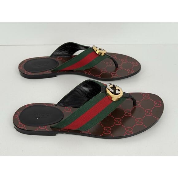 Gucci Kika GG Stripe Leather Flip Flop Thong Slip-On Sandals - Picture 6 of 8